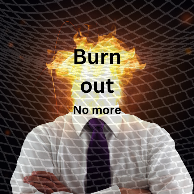 Burnout Man with exploding head, text burn out no more